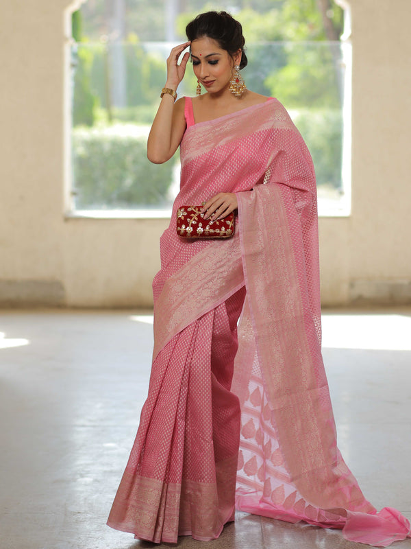 Banarasee Organza Silk Saree With Zari Motifs & Border-Pink