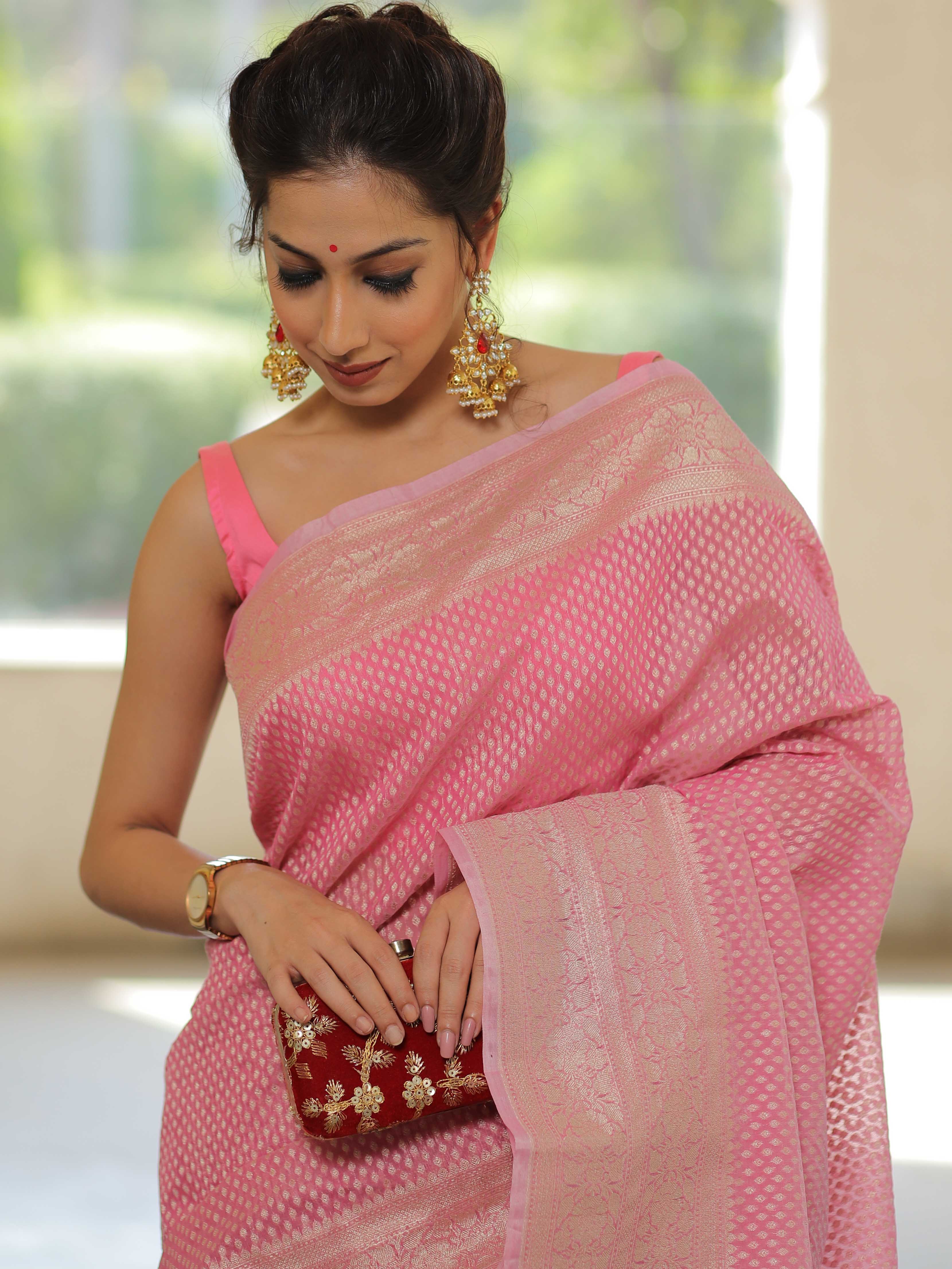 Banarasee Organza Silk Saree With Zari Motifs & Border-Pink