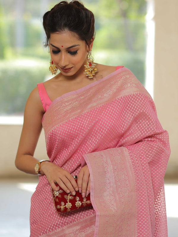 Banarasee Organza Silk Saree With Zari Motifs & Border-Pink