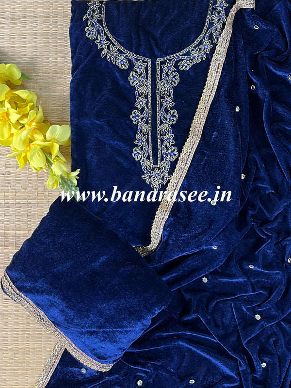 Banarasee Hand-Embroidered Velvet Salwar Kameez Set-Blue