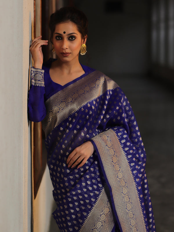 Banarasee Organza Silk Saree With Zari Motifs & Border-Royal Blue