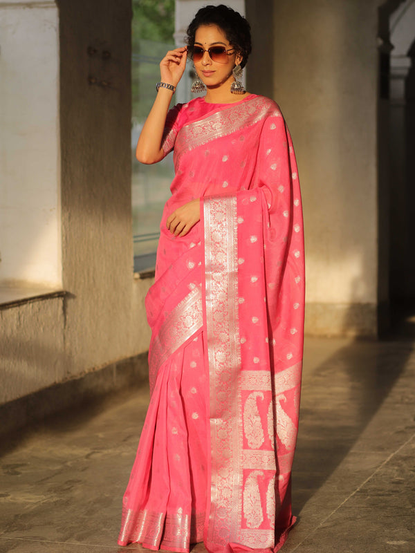Banarasee Handwoven Semi-Chiffon Saree With Silver Zari Work-Pink