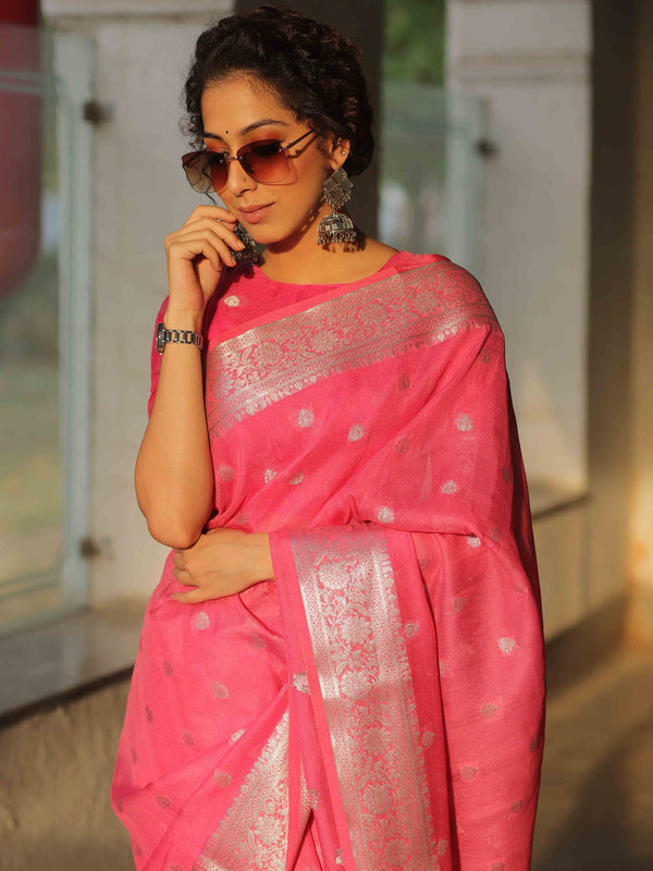 Banarasee Handwoven Semi-Chiffon Saree With Silver Zari Work-Pink