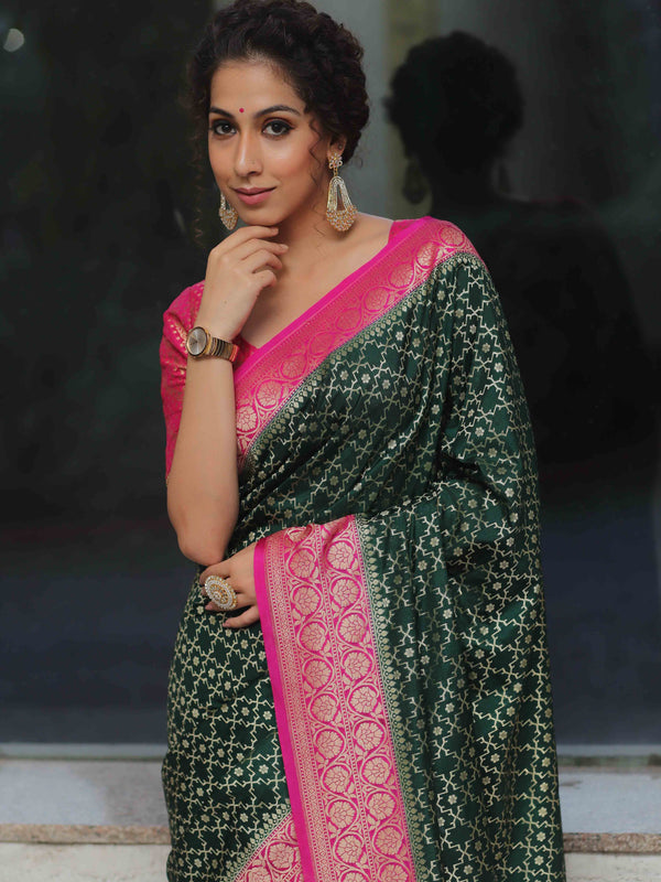 Banarasee Semi-Katan Zari Jaal & Contrast Border Saree-Green & Pink
