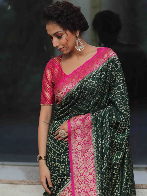Banarasee Semi-Katan Zari Jaal & Contrast Border Saree-Green & Pink