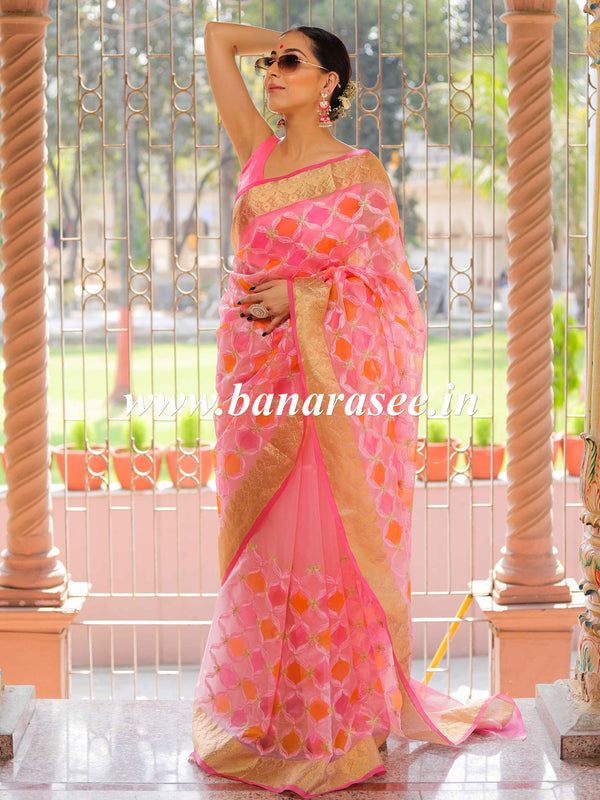 Banarasee Handwoven Organza Silk Hand-Painted & Embroidered Saree-Pink