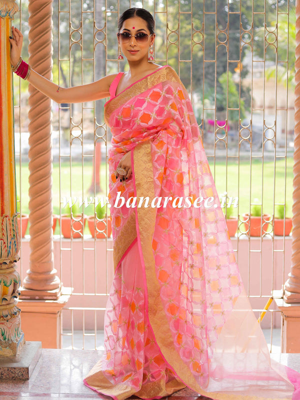 Banarasee Handwoven Organza Silk Hand-Painted & Embroidered Saree-Pink
