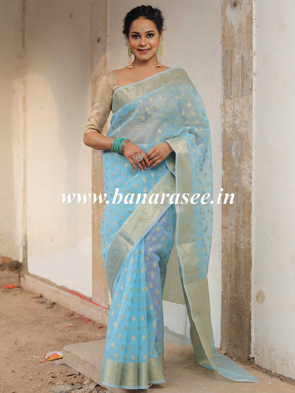 Banarasee Organza Mix Saree With Zari Buti & Floral Border-Blue