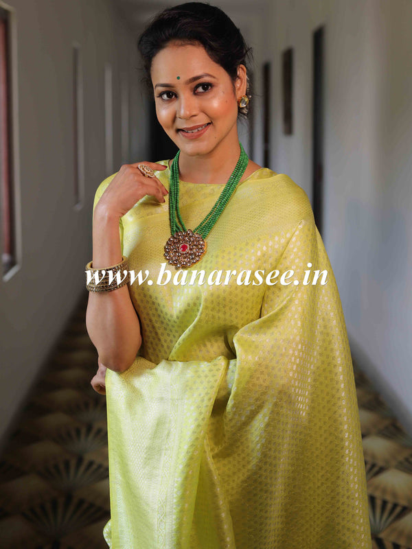 Banarasee Kubera Pattu Soft Silk Saree With Silver Zari Work-Yellow