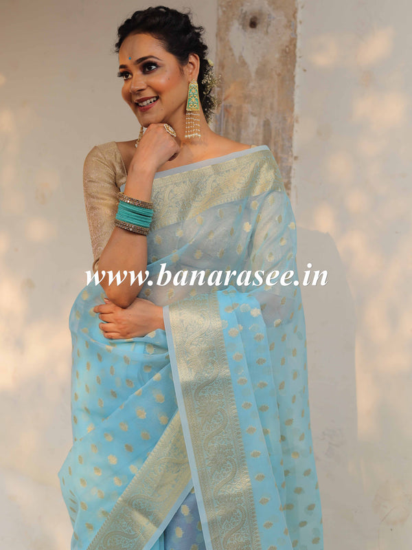Banarasee Organza Mix Saree With Zari Buti & Floral Border-Blue