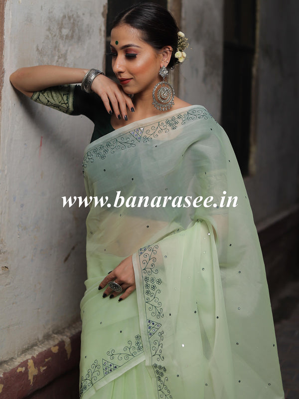 Banarasee Mix Organza Hand-Embroidered Saree-Green