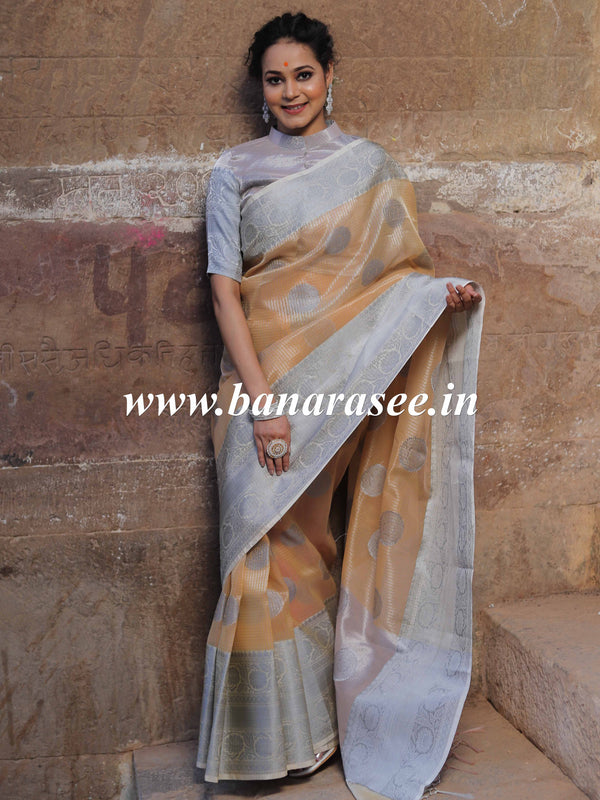 Banarasee Handwoven Broad Border Silver Zari Buta Design Tissue Saree-Yellow