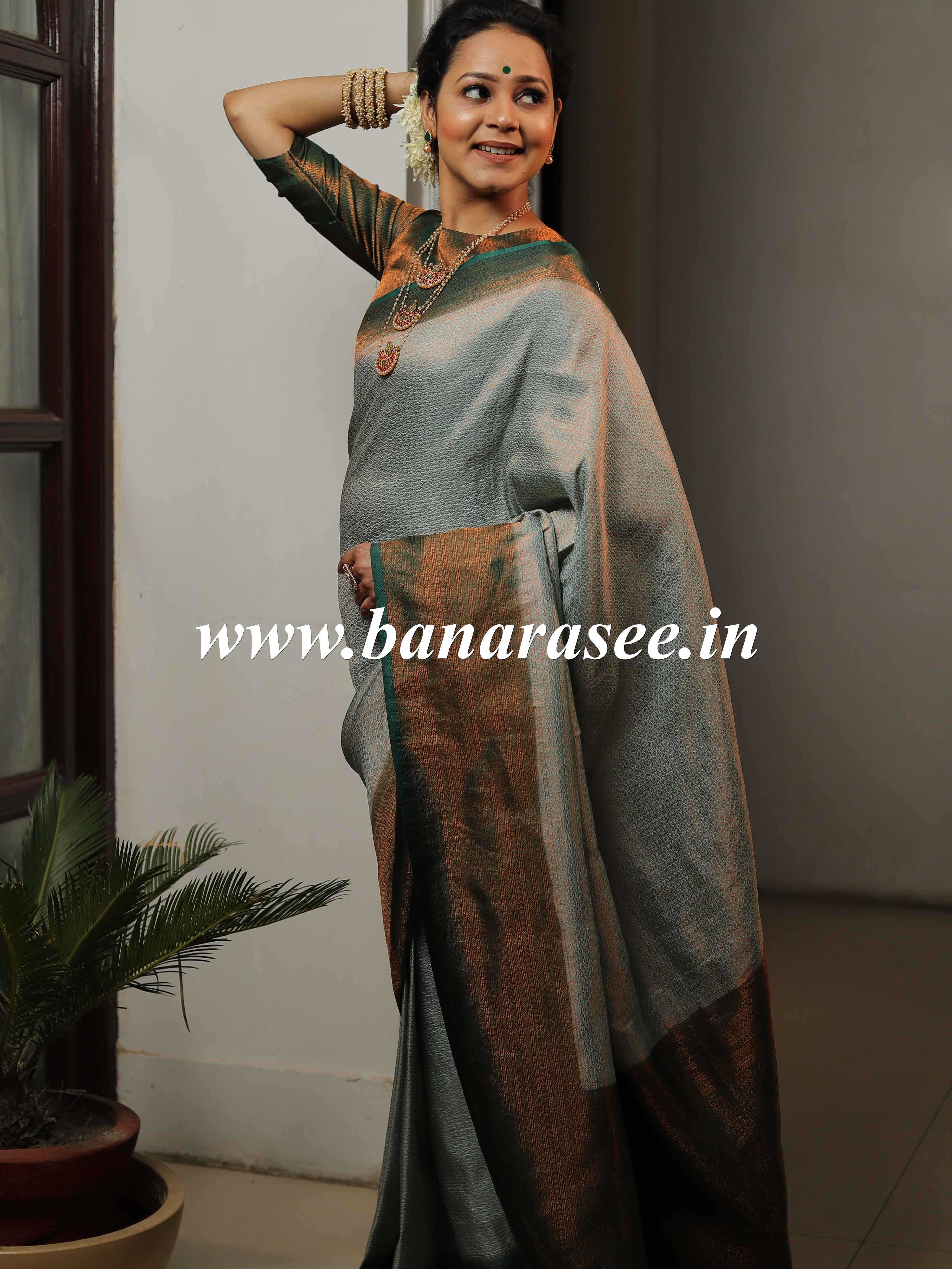 Banarasee Kubera Pattu Soft Silk Saree With Copper Zari Work-Green