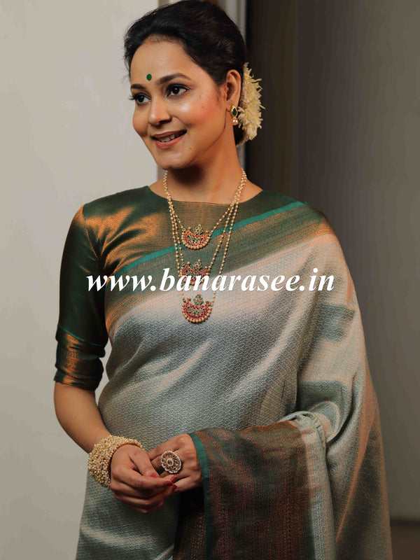 Banarasee Kubera Pattu Soft Silk Saree With Copper Zari Work-Green