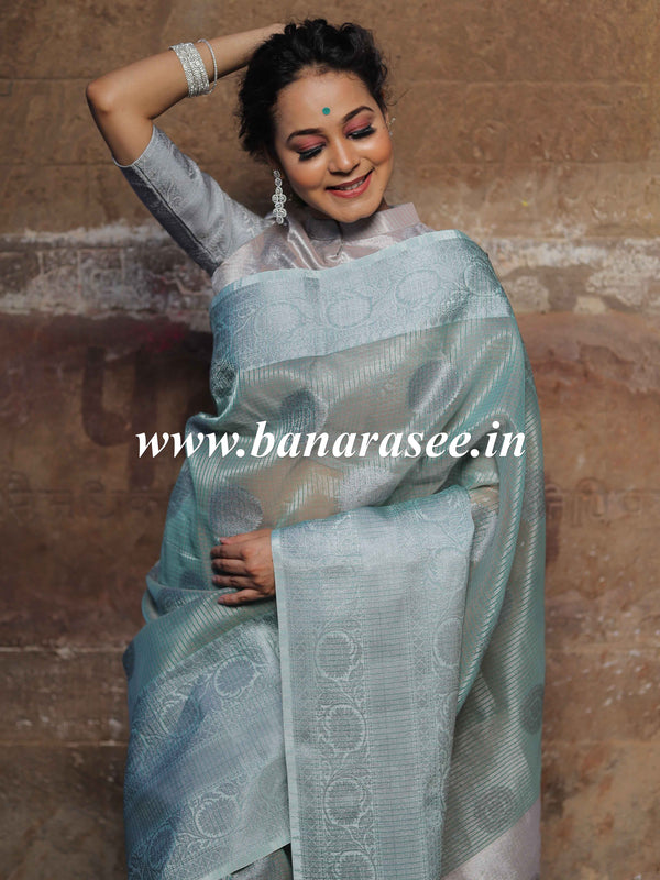 Banarasee Handwoven Broad Border Silver Zari Buta Design Tissue Saree-Green