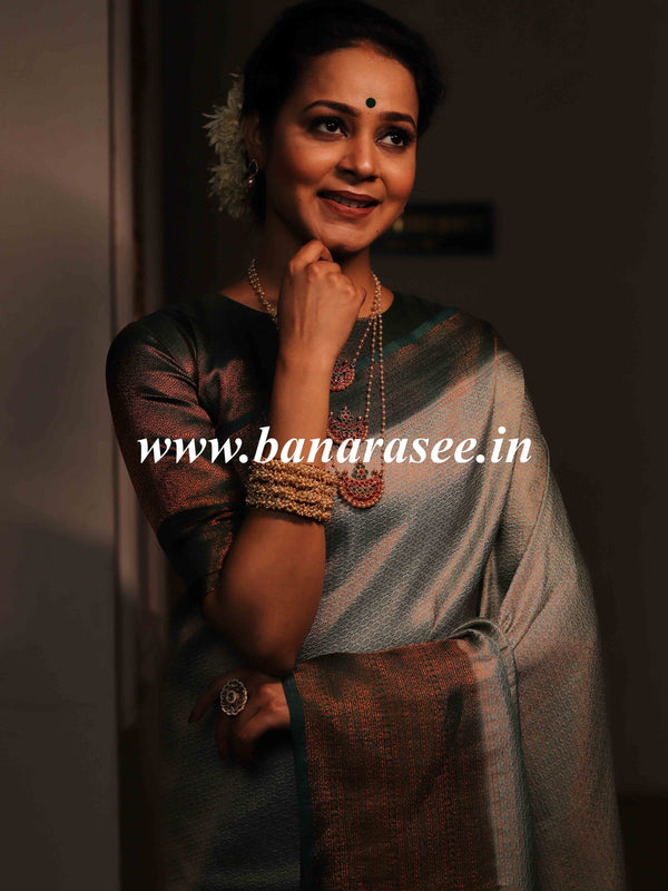 Banarasee Kubera Pattu Soft Silk Saree With Copper Zari Work-Green