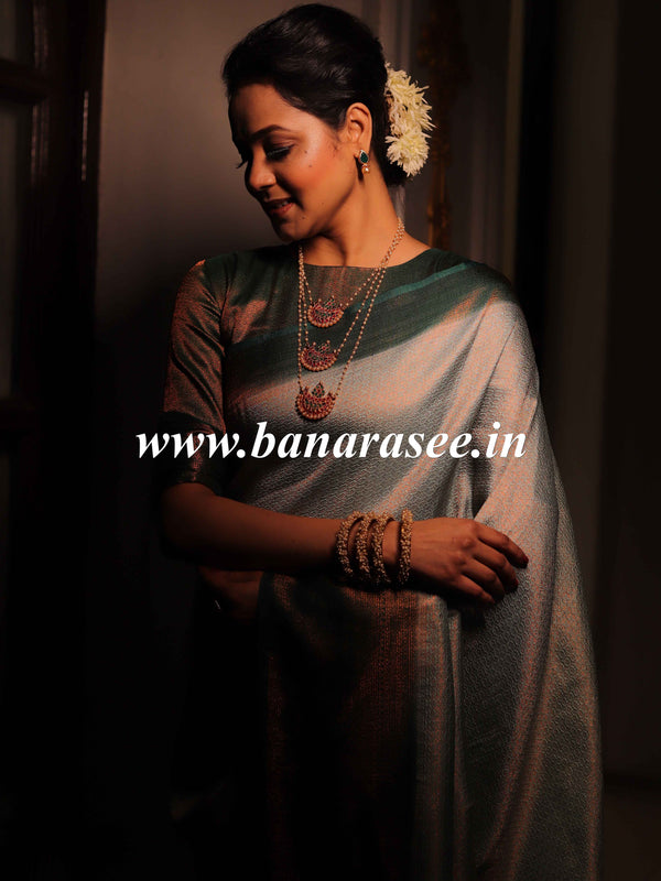 Banarasee Kubera Pattu Soft Silk Saree With Copper Zari Work-Green