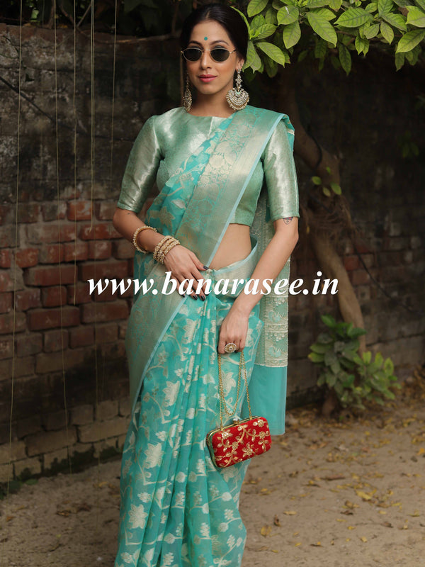 Banarasee Organza Mix Saree With Resham & Zari Jaal Design & Floral Border-Sea Green