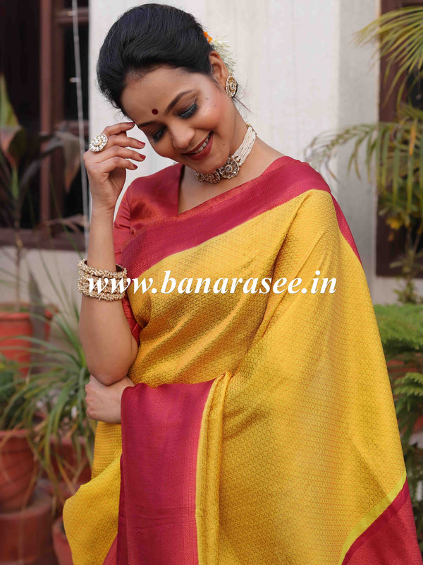 Banarasee Kubera Pattu Soft Silk Saree With Copper Zari Work-Yellow & Maroon