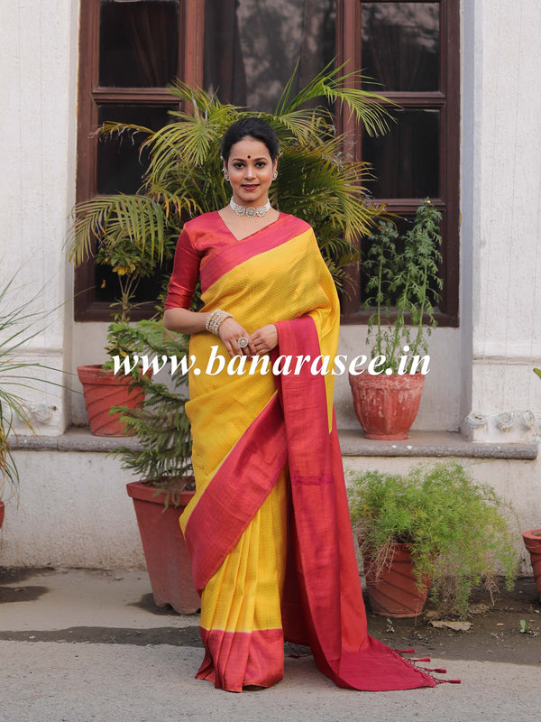 Banarasee Kubera Pattu Soft Silk Saree With Copper Zari Work-Yellow & Maroon