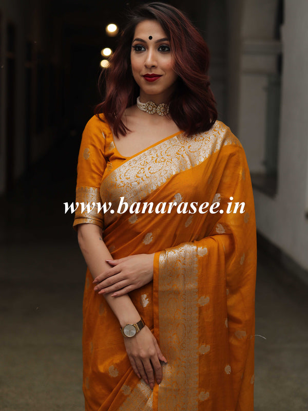 Banarasee Handwoven Semi-Chiffon Saree With Silver Zari Work-Mustard Yellow