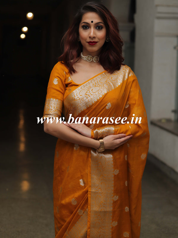 Banarasee Handwoven Semi-Chiffon Saree With Silver Zari Work-Mustard Yellow