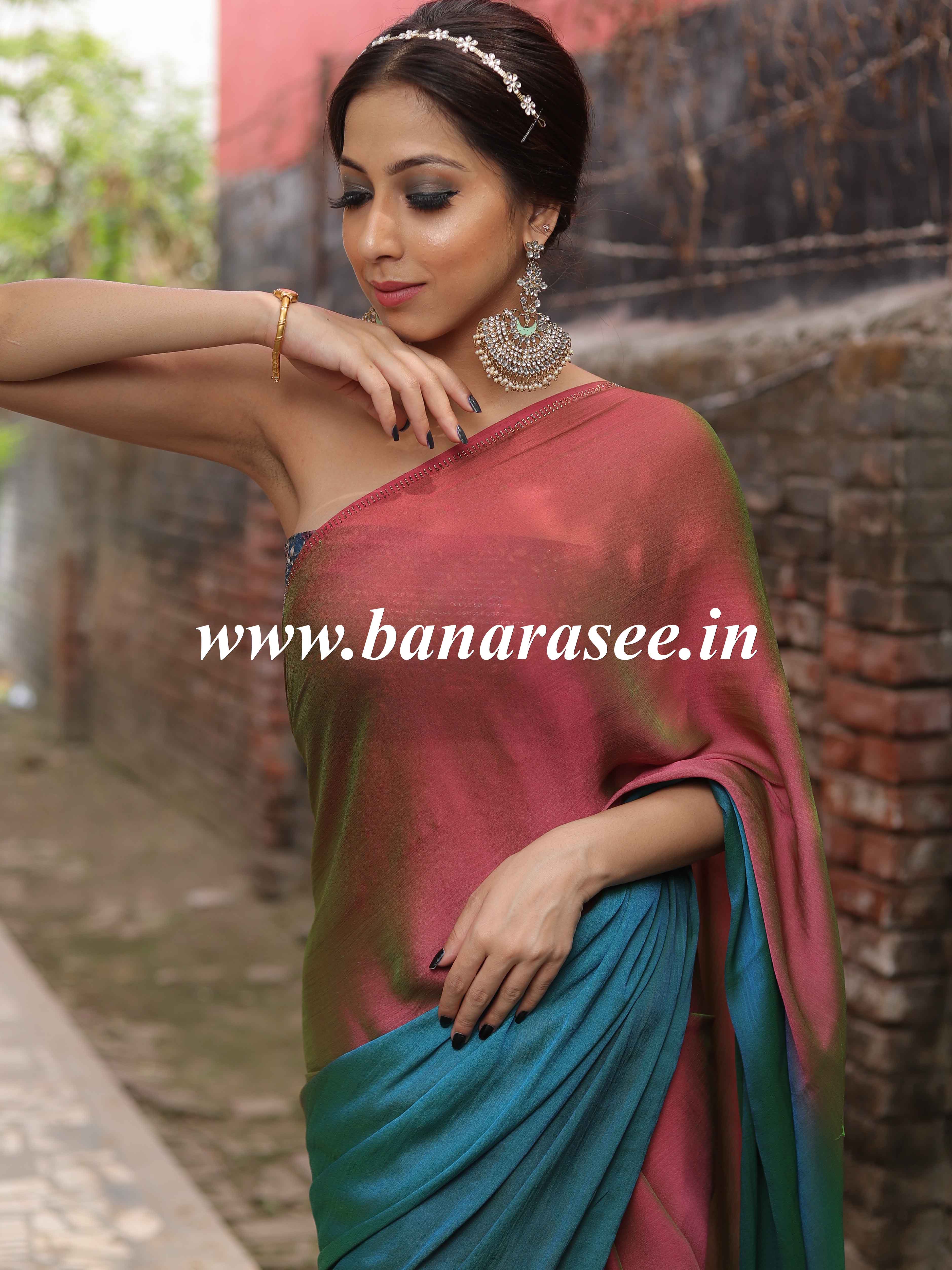 Banarasee Velvet Chiffon Sari With Swarovski Border & Contrast Sequins Work Blouse-Brown & Blue