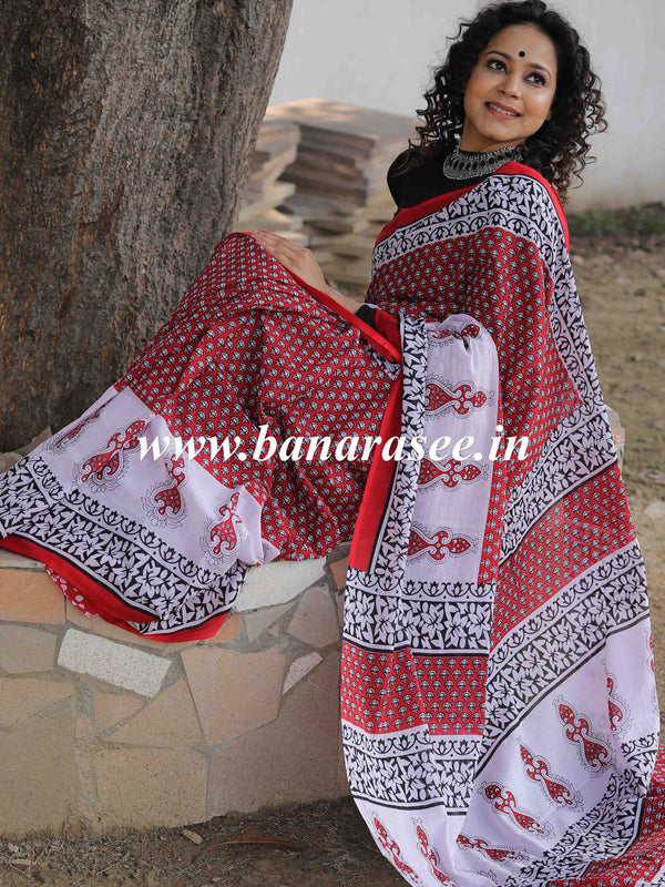 Handloom Mul Cotton Hand-block Print Saree-Red & White