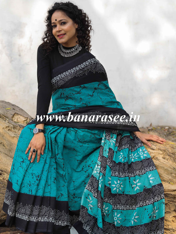 Handloom Mul Cotton Hand-block Print Saree-Green & Black