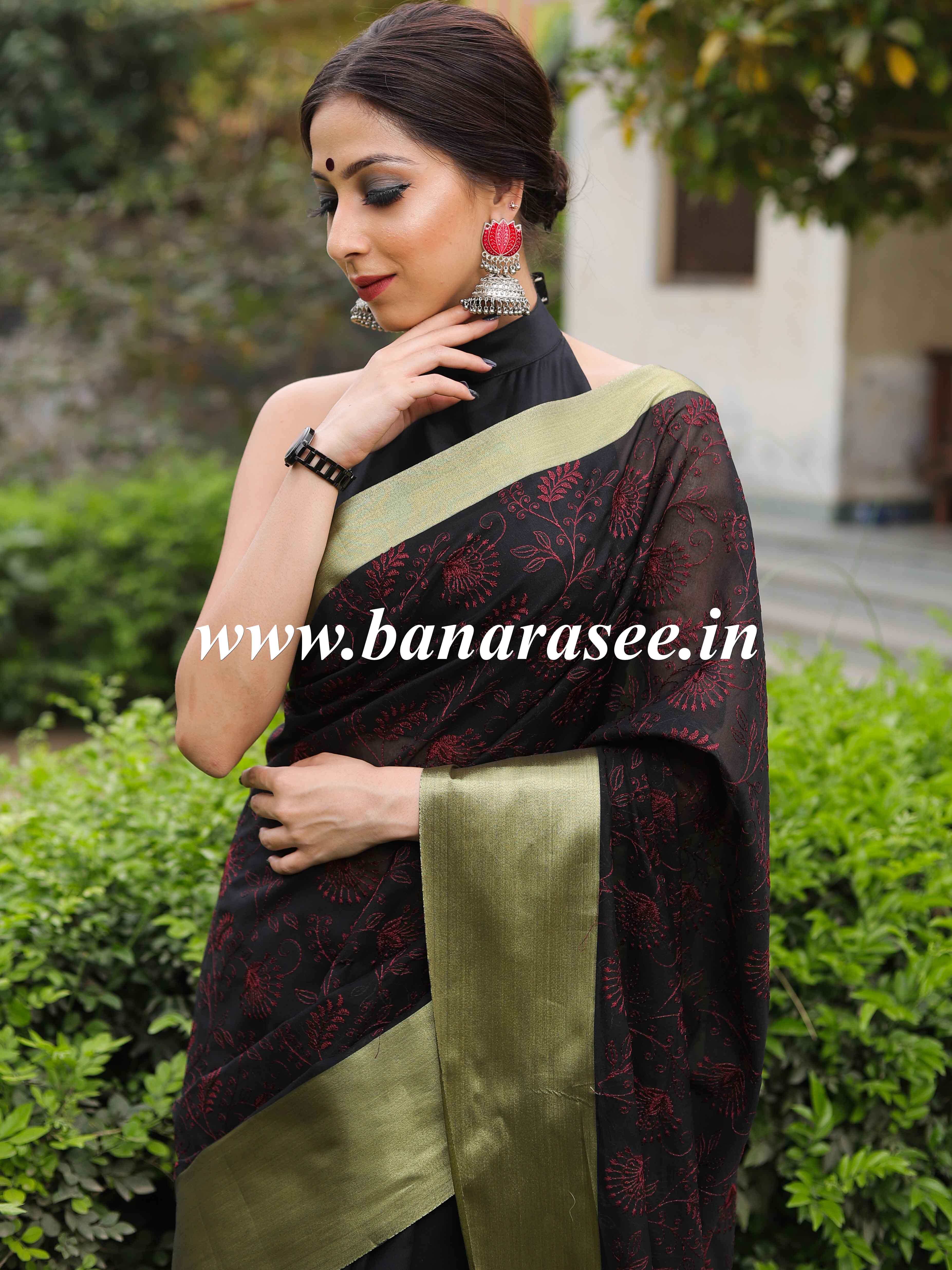 Banarasee Chanderi Cotton Zari Border Embroidered Saree-Black