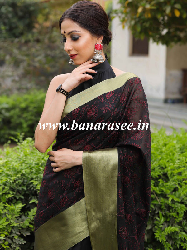 Banarasee Chanderi Cotton Zari Border Embroidered Saree-Black