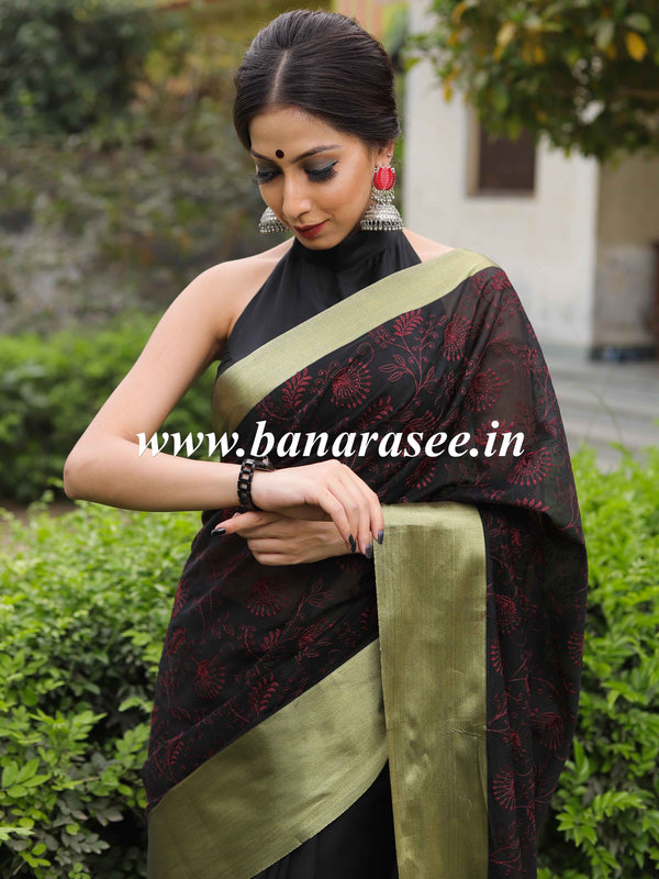 Banarasee Chanderi Cotton Zari Border Embroidered Saree-Black