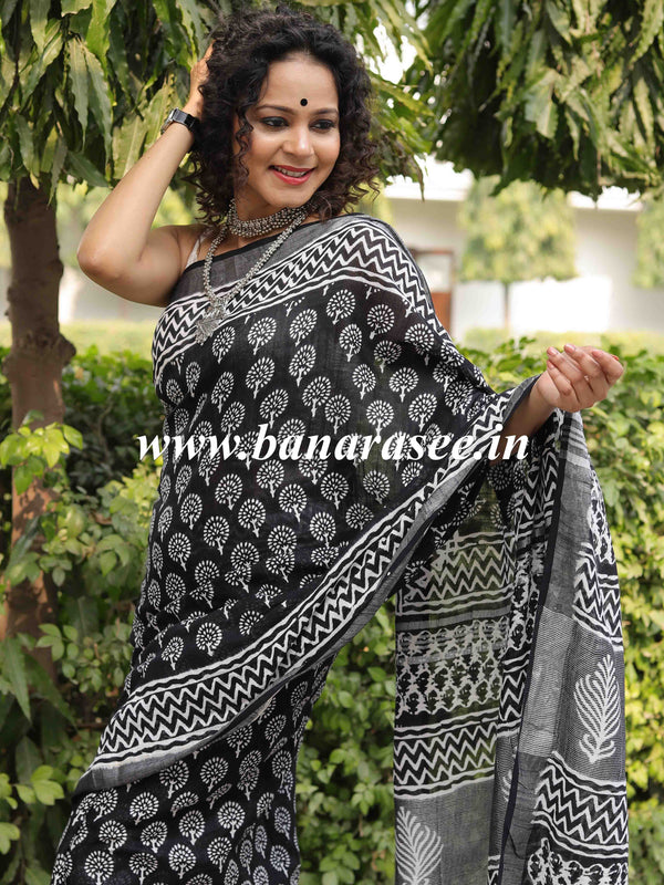 Linen Cotton Bagru Hand-Block Printed Saree-Black