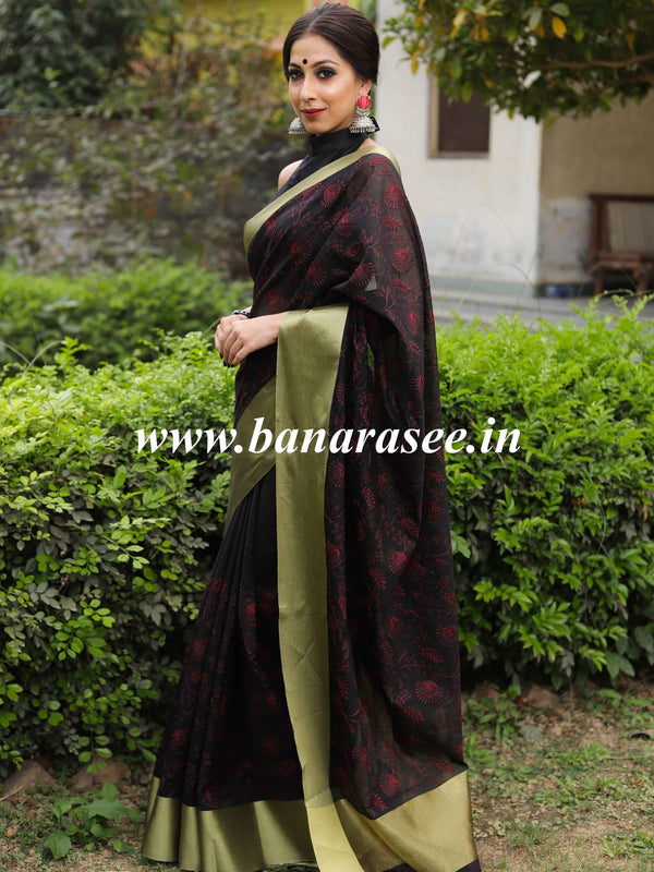 Banarasee Chanderi Cotton Zari Border Embroidered Saree-Black