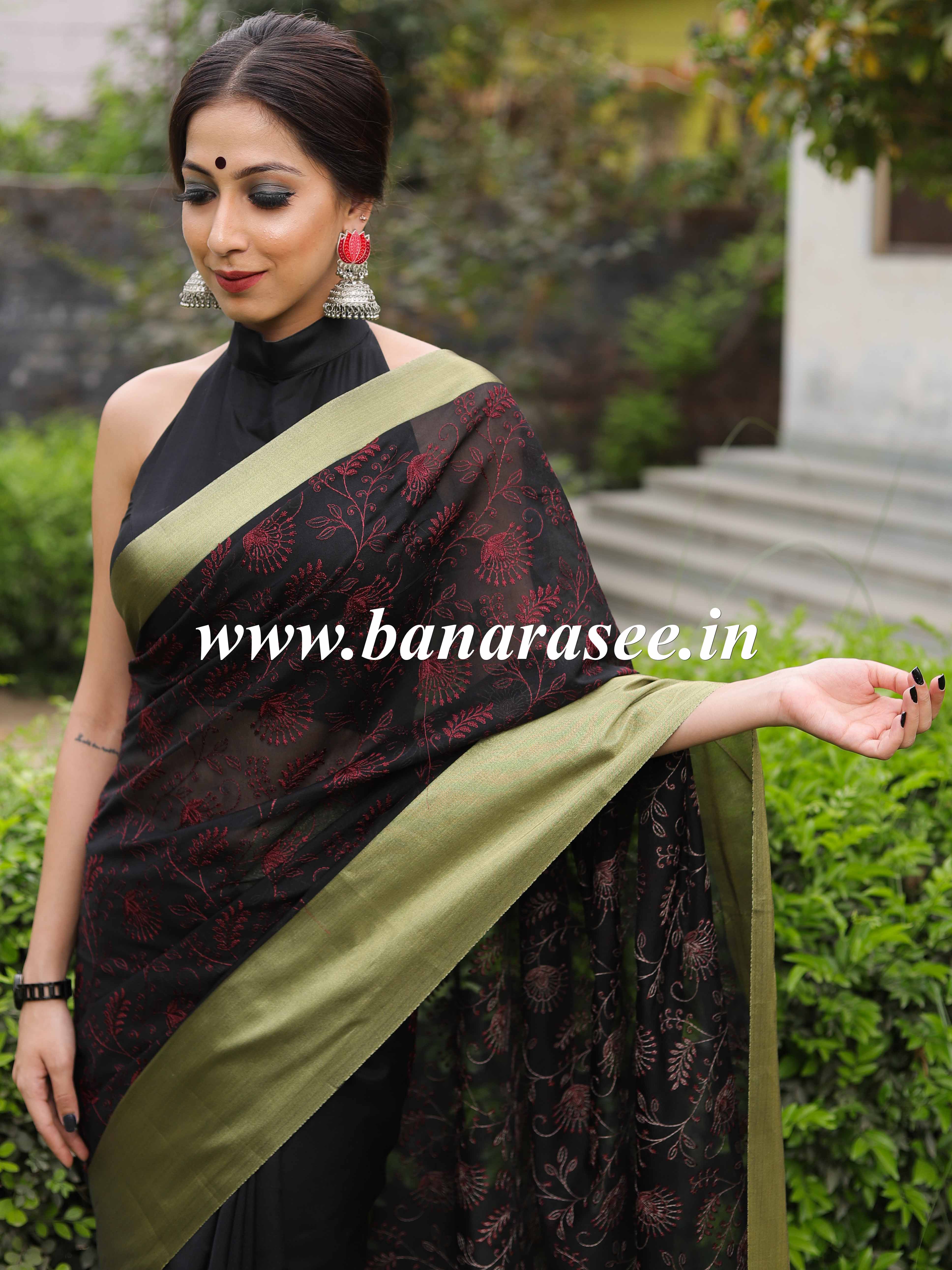 Banarasee Chanderi Cotton Zari Border Embroidered Saree-Black