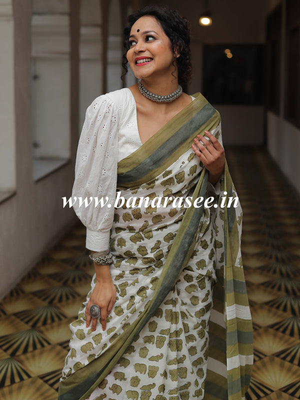 Handloom Mul Cotton Hand-block Print Saree-White