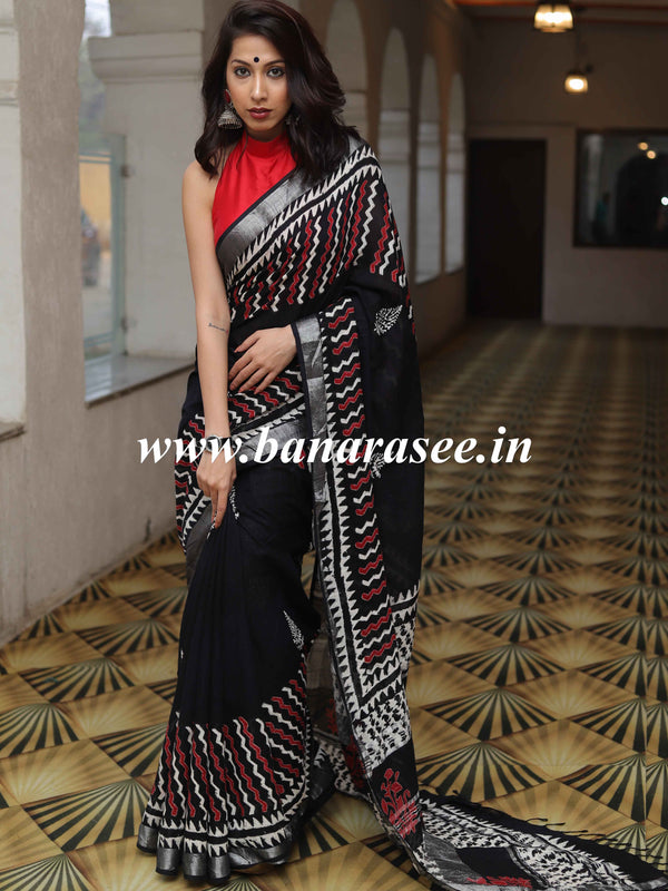 Linen Cotton Bagru Hand-Block Printed Saree-Black