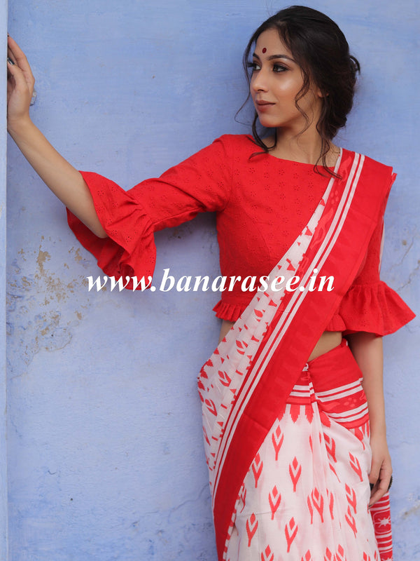 Handloom Mul Cotton Hand-block Print Saree-White & Red