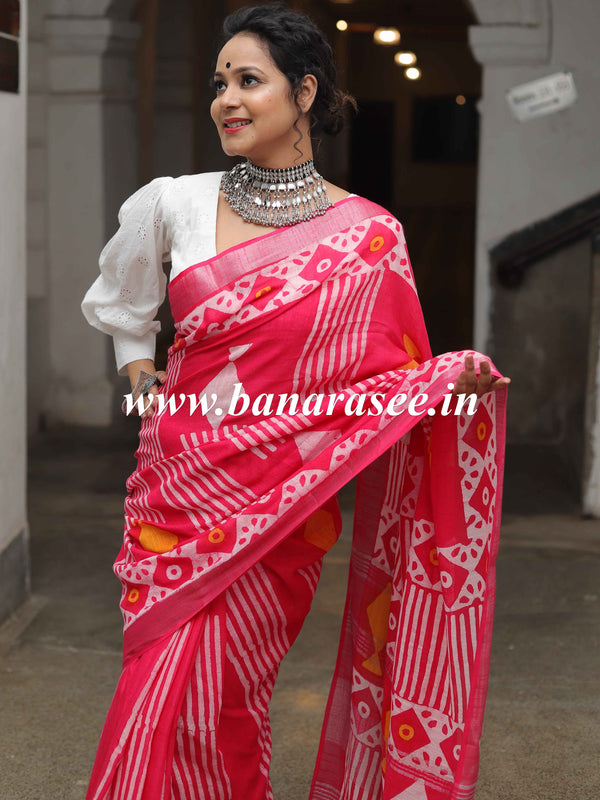 Linen Cotton Bagru Hand-Block Printed Saree-Pink
