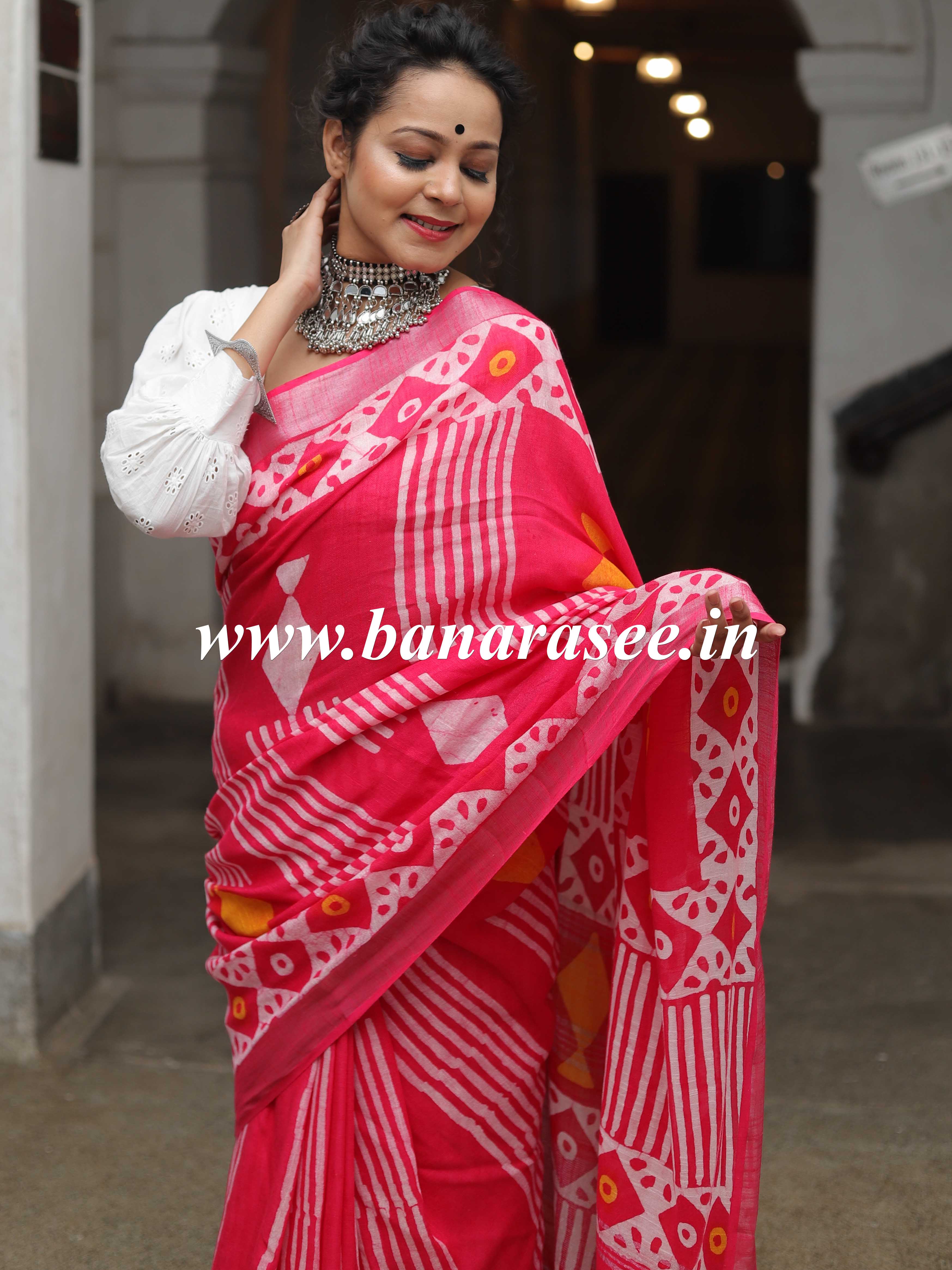 Linen Cotton Bagru Hand-Block Printed Saree-Pink