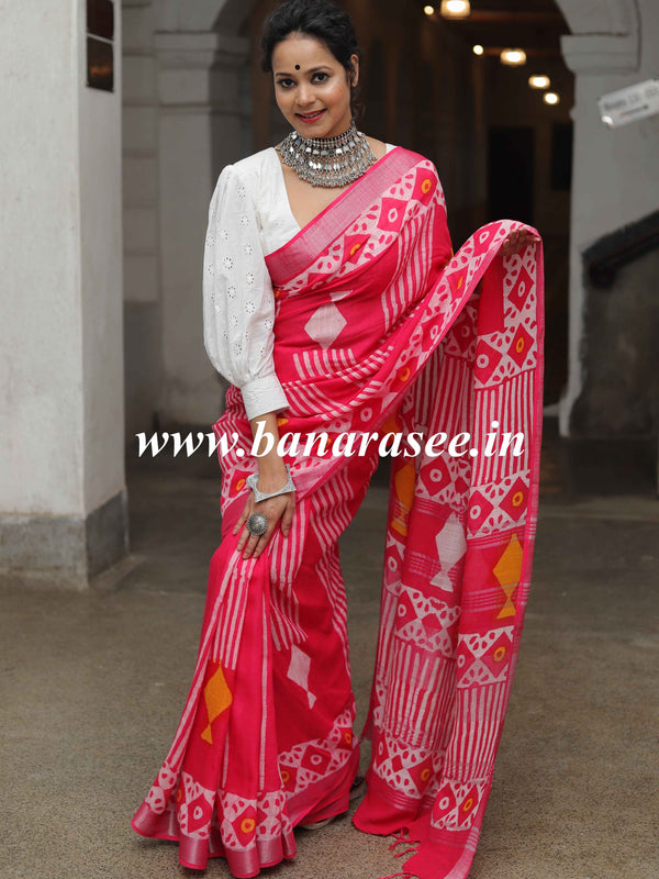 Linen Cotton Bagru Hand-Block Printed Saree-Pink