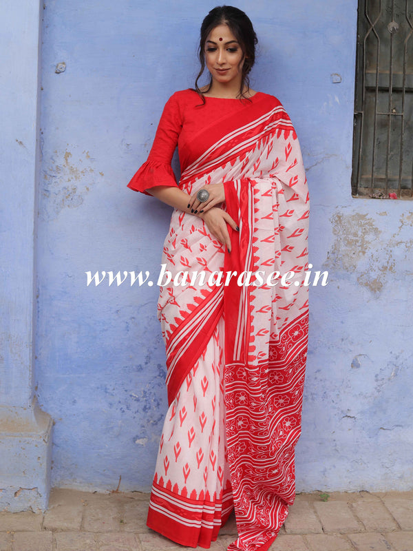 Handloom Mul Cotton Hand-block Print Saree-White & Red