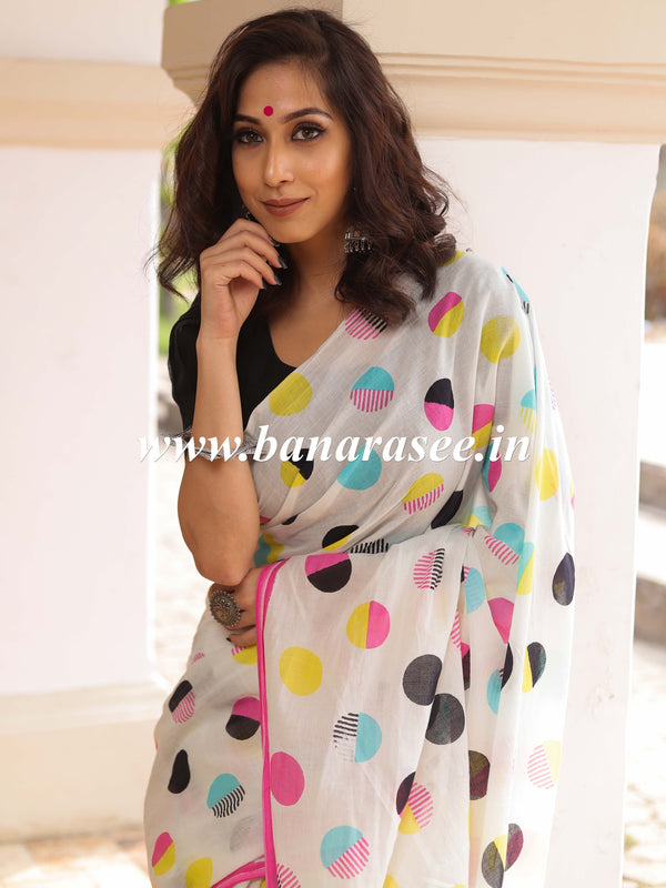 Handloom Mul Cotton Hand-block Print Saree-White