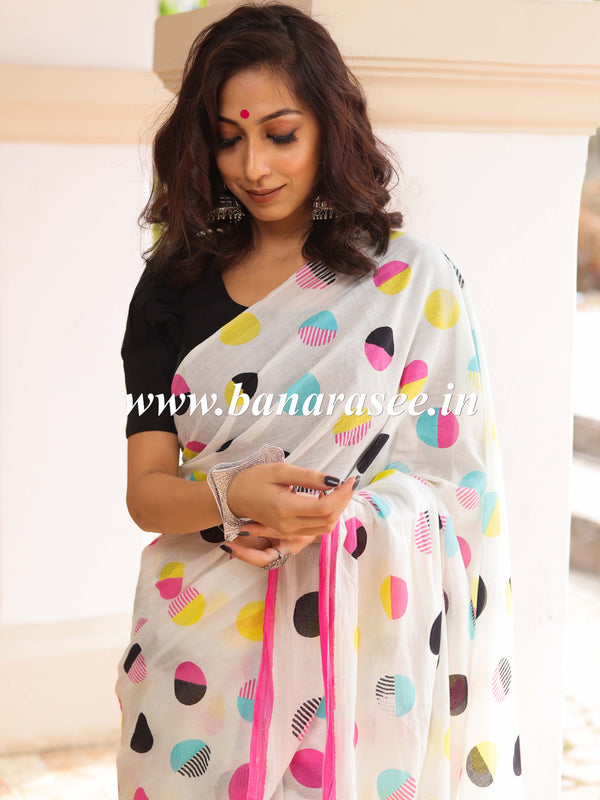 Handloom Mul Cotton Hand-block Print Saree-White