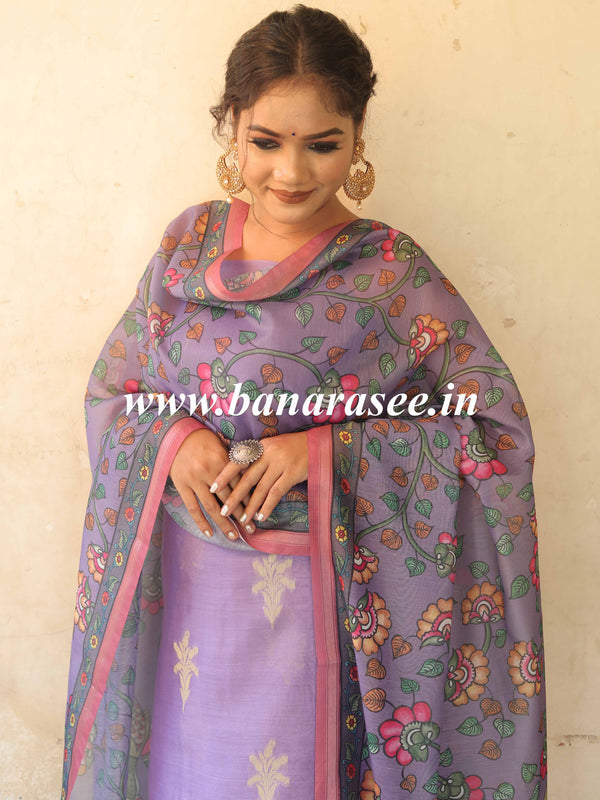 Banarasee Chanderi Silk Zari Buti Salwar Kameez Fabric With Digital Print Dupatta-Lavender