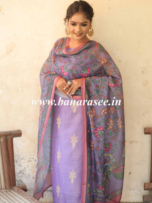 Banarasee Chanderi Silk Zari Buti Salwar Kameez Fabric With Digital Print Dupatta-Lavender