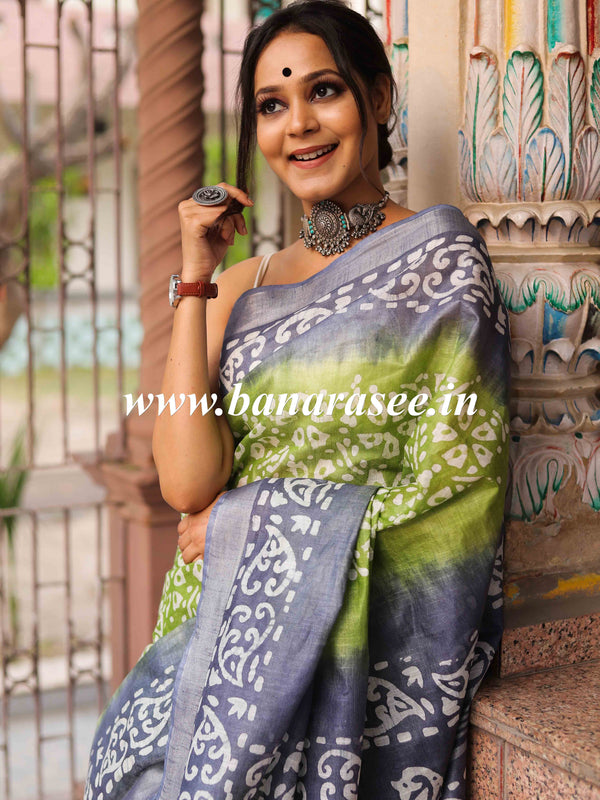 Bhagalpur Handloom Pure Linen Cotton Hand-Dyed Batik Pattern Saree-Grey & Green