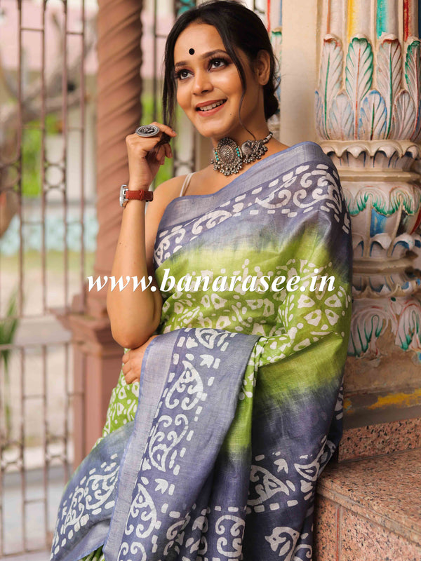 Bhagalpur Handloom Pure Linen Cotton Hand-Dyed Batik Pattern Saree-Grey & Green