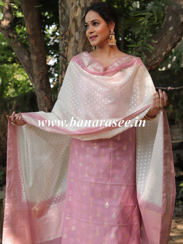 Banarasee Handloom Chanderi Silk Ombre Dyed Zari Work Salwar Kameez Dupatta Set-Blush Pink