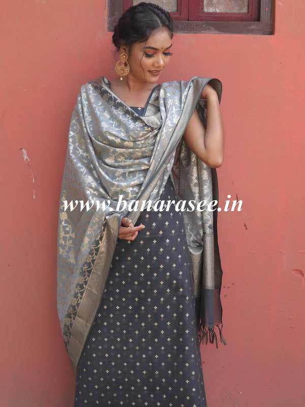 Banarasee Handloom Chanderi Silk Ombre Dyed Zari Work Salwar Kameez Dupatta Set-Grey